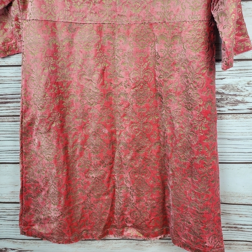 NWT April Cornell Womens XS Salmon/Gold Velvet Damask Embossed 3/4 Sleeve Dress - Picture 10 of 11
